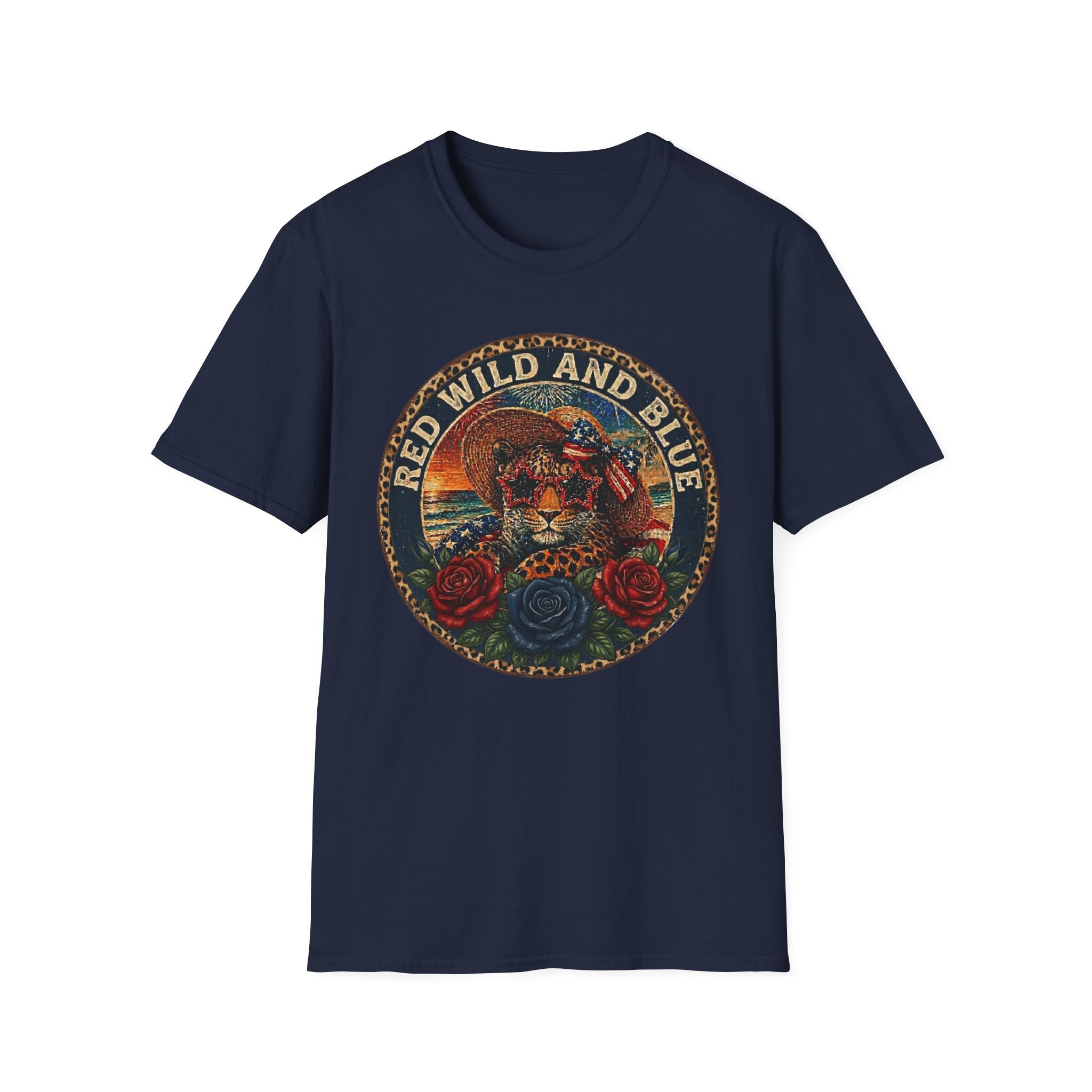 T-Shirt — "Red Wild and Blue" Vintage Leopard Graphic