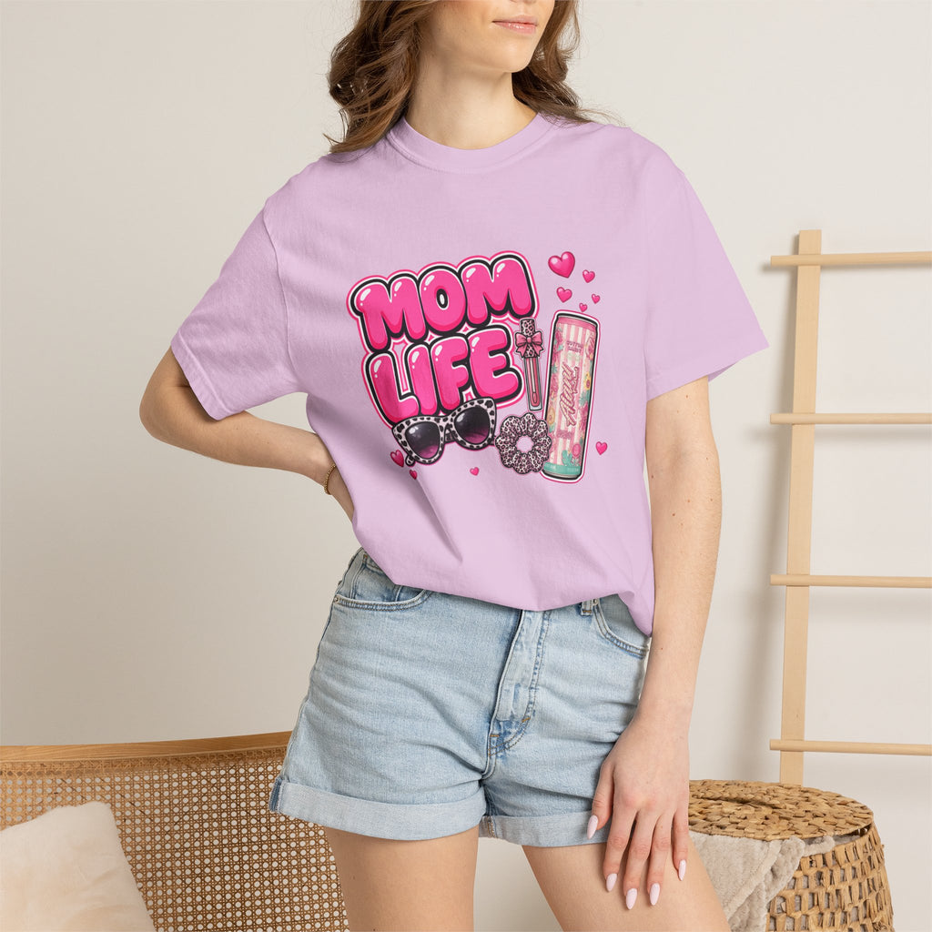 Mom Life Graphic Comfort Colors T-Shirt With Sunglasses and Energy Drink