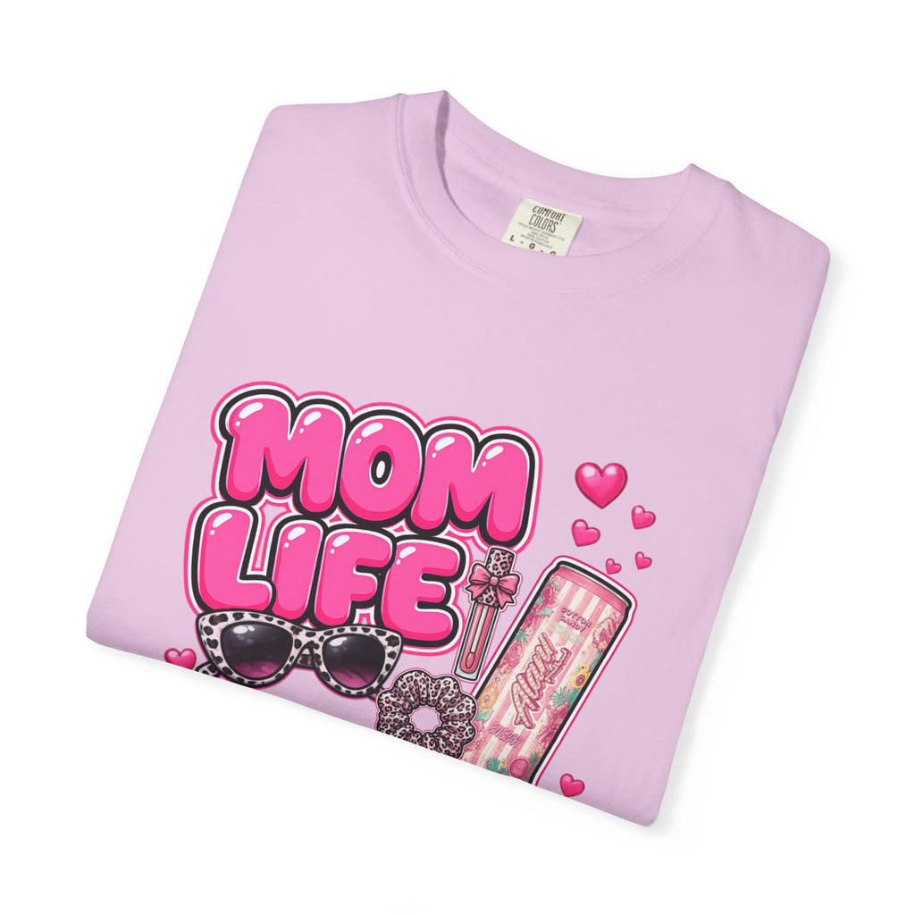 Mom Life Graphic Comfort Colors T-Shirt With Sunglasses and Energy Drink