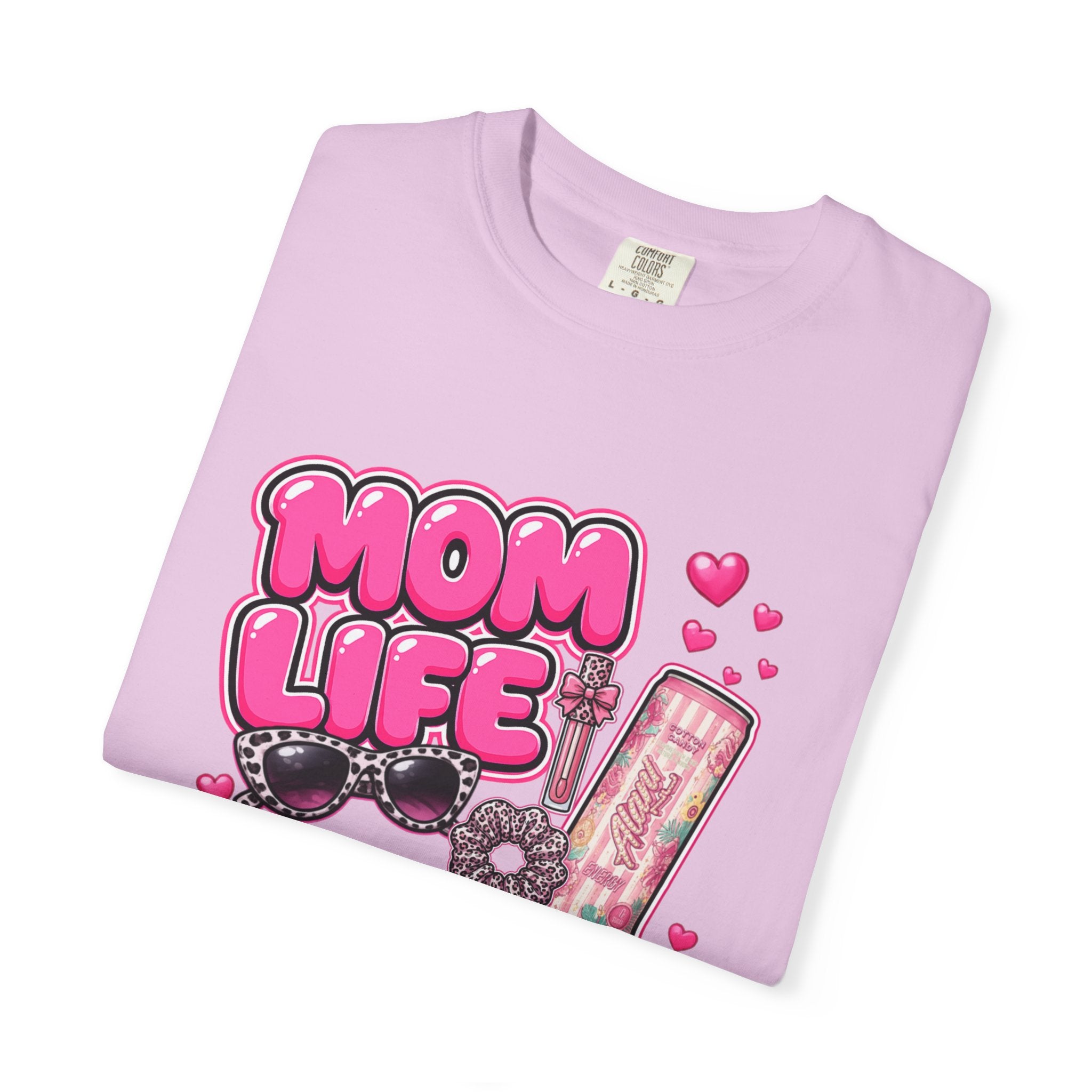 Mom Life Graphic Comfort Colors T-Shirt With Sunglasses and Energy Drink