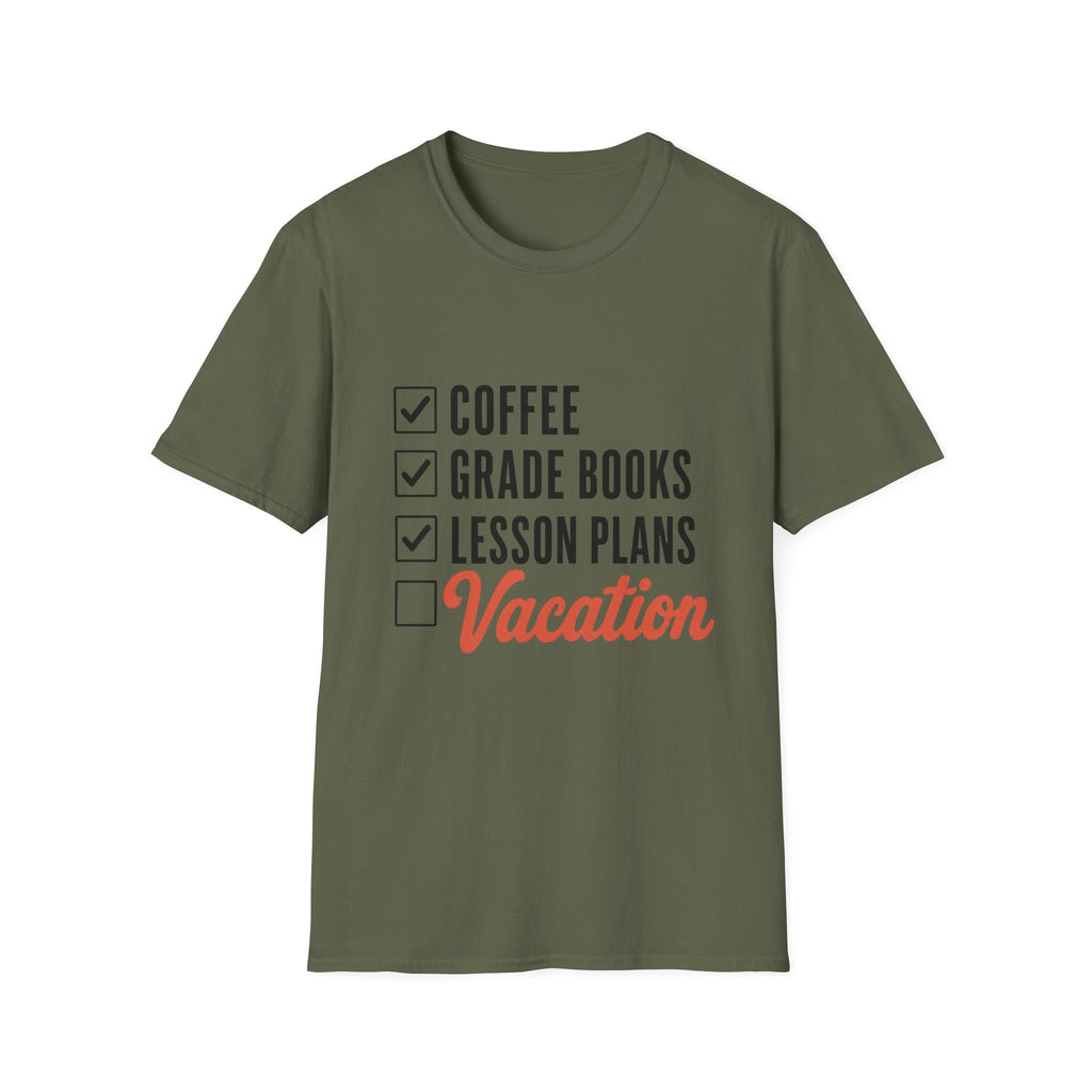 Teacher Checklist T-Shirt — “Coffee, Grade Books, Lesson Plans” Vacation Graphic Tee