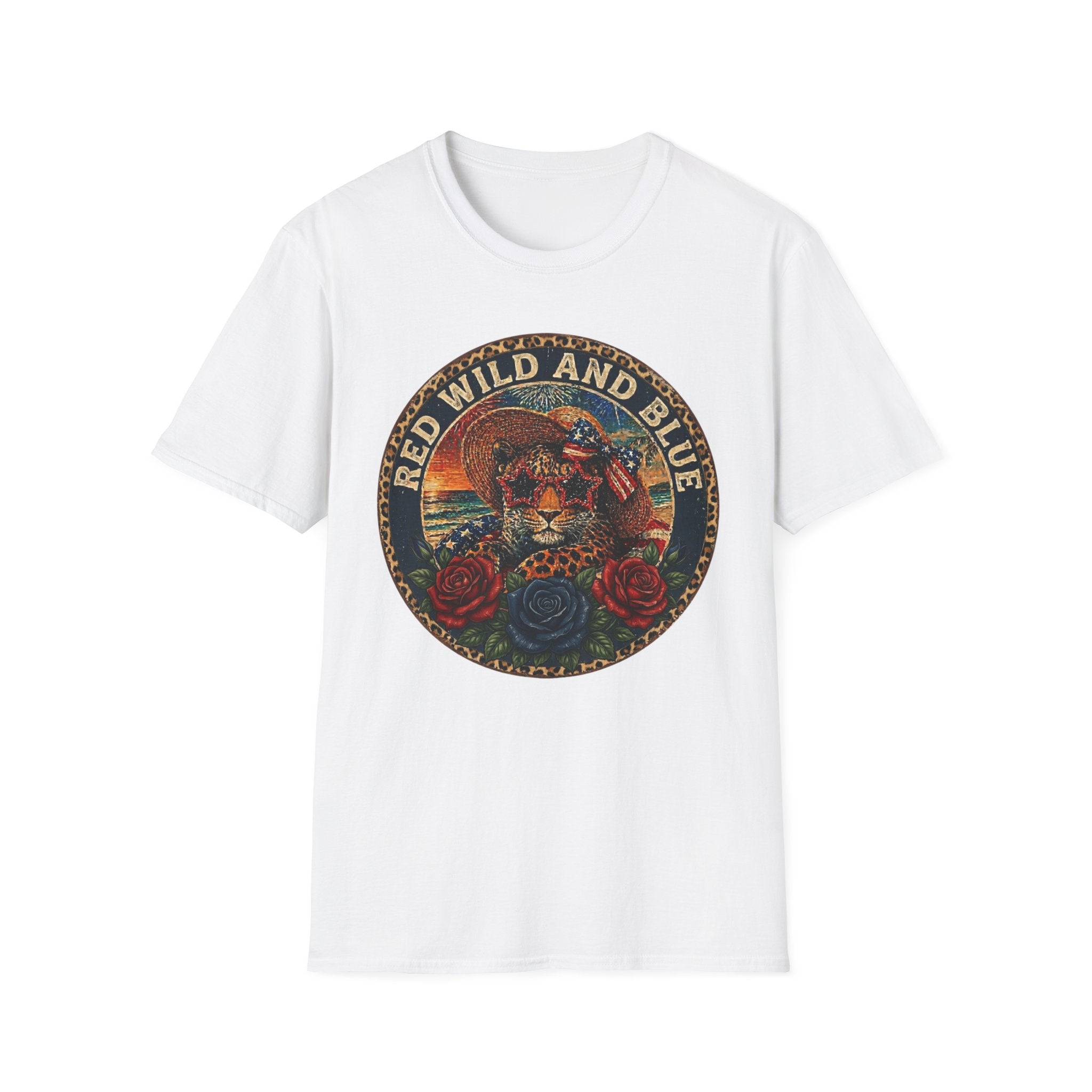 T-Shirt — "Red Wild and Blue" Vintage Leopard Graphic