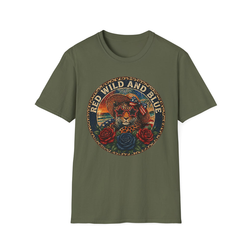 T-Shirt — "Red Wild and Blue" Vintage Leopard Graphic