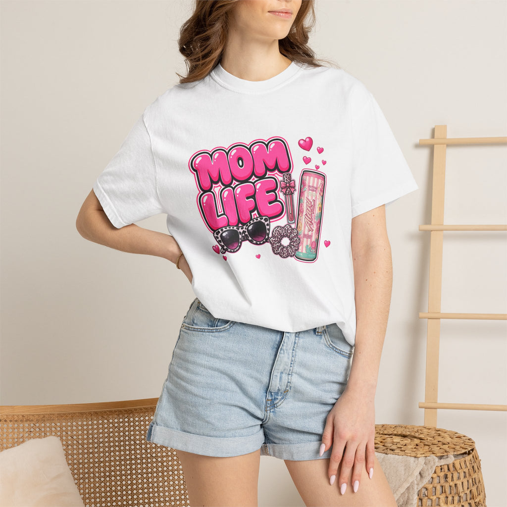 Mom Life Graphic Comfort Colors T-Shirt With Sunglasses and Energy Drink