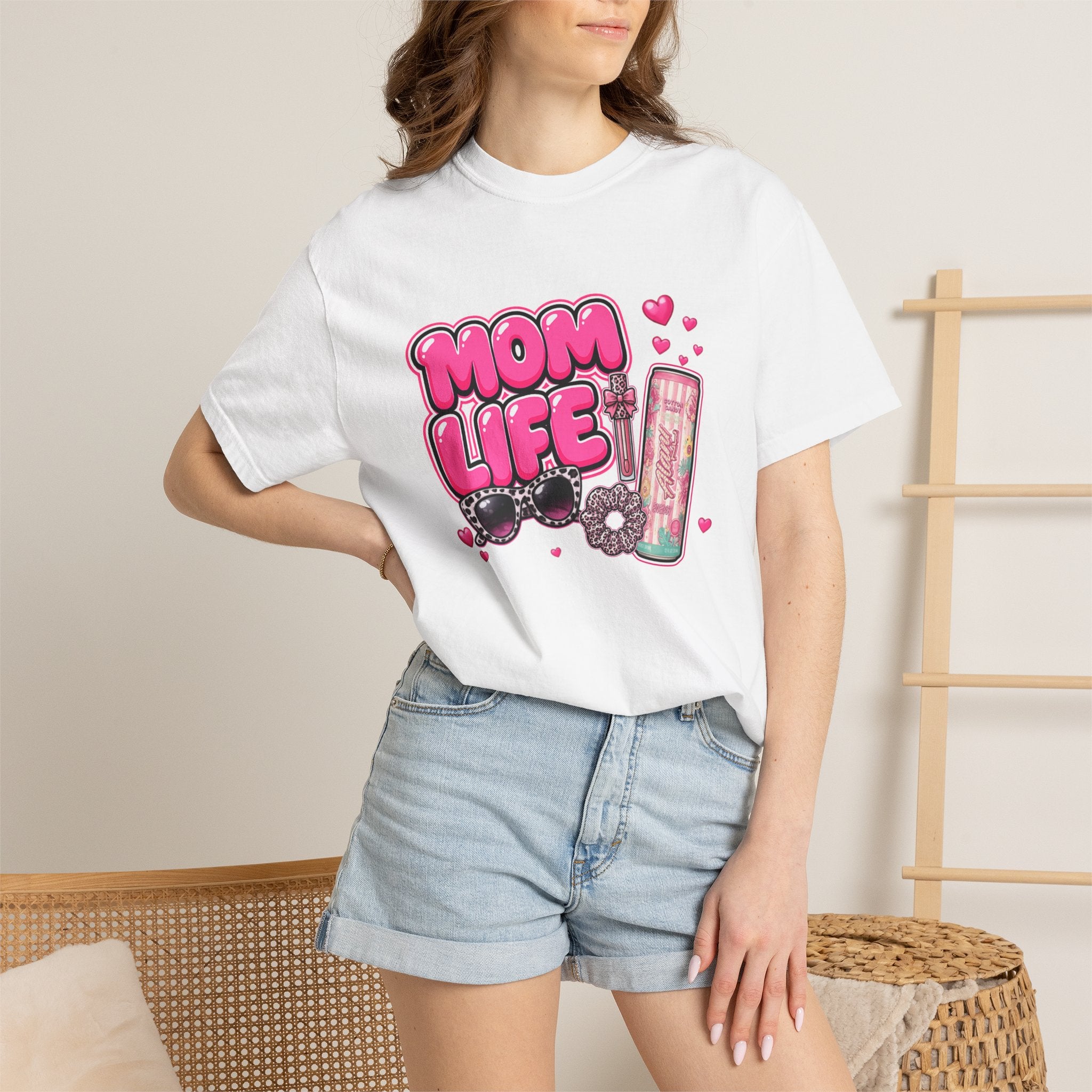 Mom Life Graphic Comfort Colors T-Shirt With Sunglasses and Energy Drink