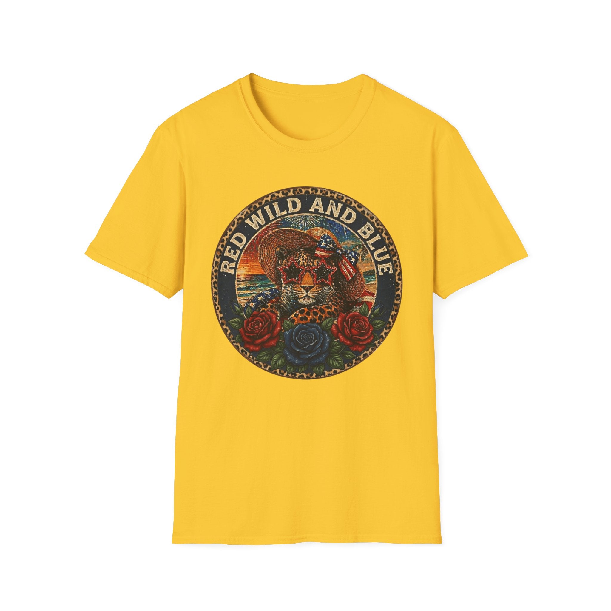 T-Shirt — "Red Wild and Blue" Vintage Leopard Graphic