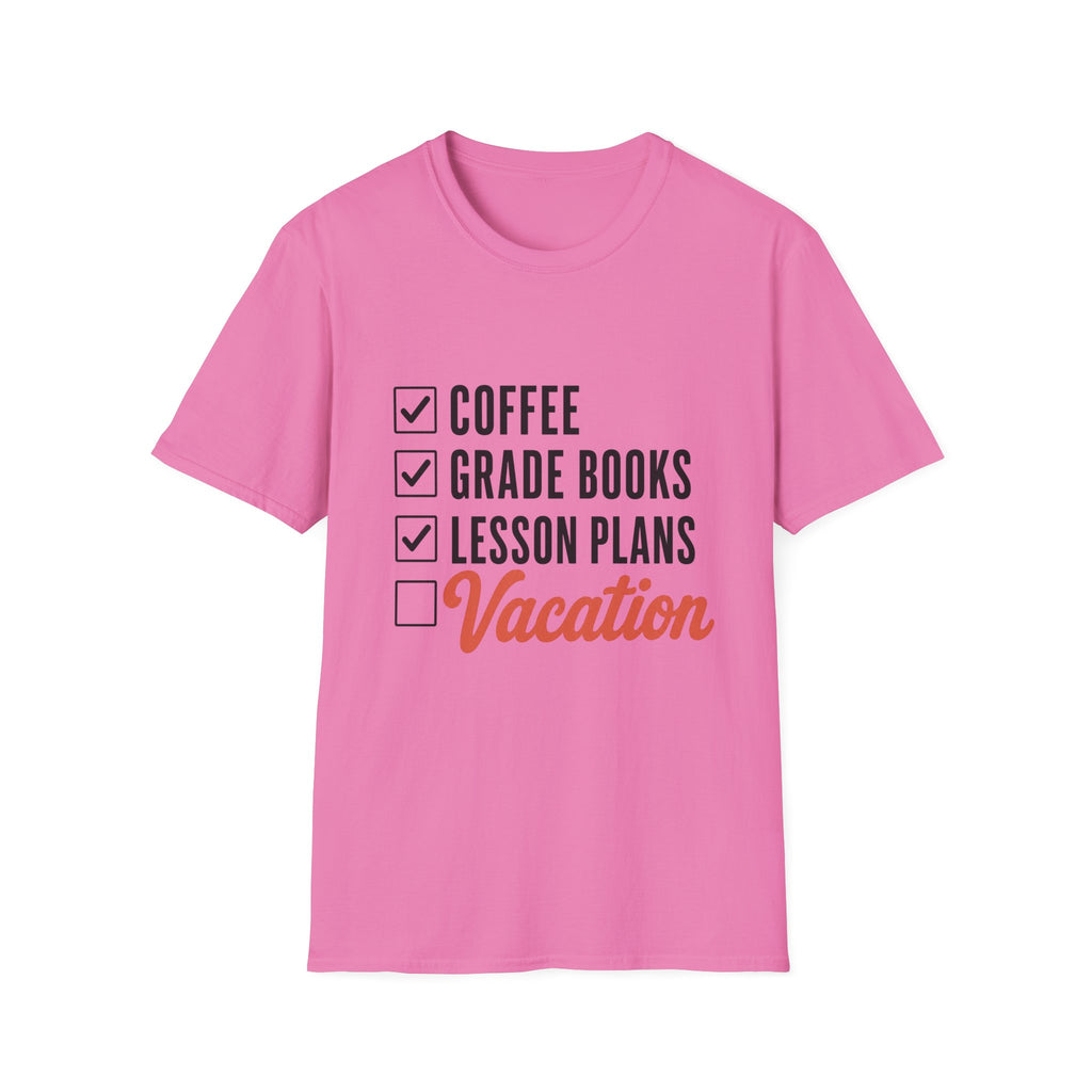Teacher Checklist T-Shirt — “Coffee, Grade Books, Lesson Plans” Vacation Graphic Tee