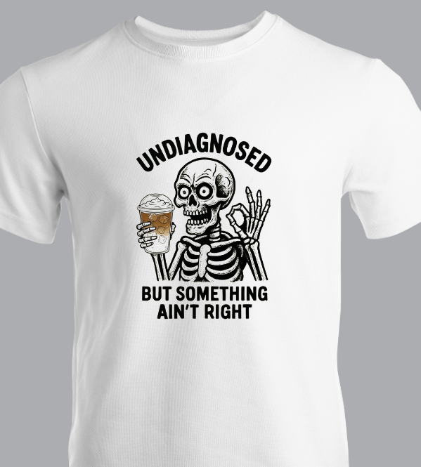 Skeleton Graphic T-Shirt — "Undiagnosed But Something Ain't Right" Funny Coffee Tee
