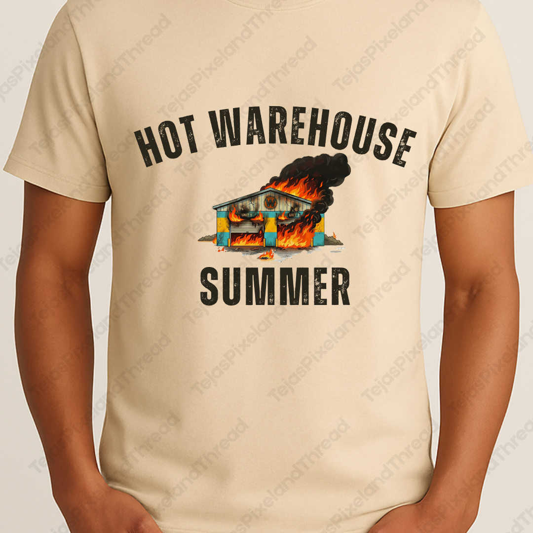 Hot Warehouse Summer T-Shirt- Vintage Flaming Warehouse Graphic Tee