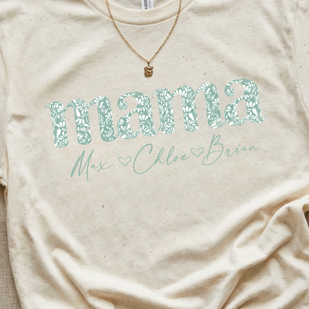 Mama Script Floral Tee — "mama" Mint Pattern Mom T-Shirt