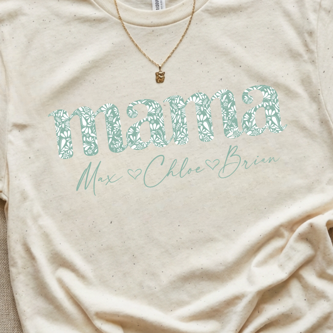 Mama Script Floral Tee — "mama" Mint Pattern Mom T-Shirt
