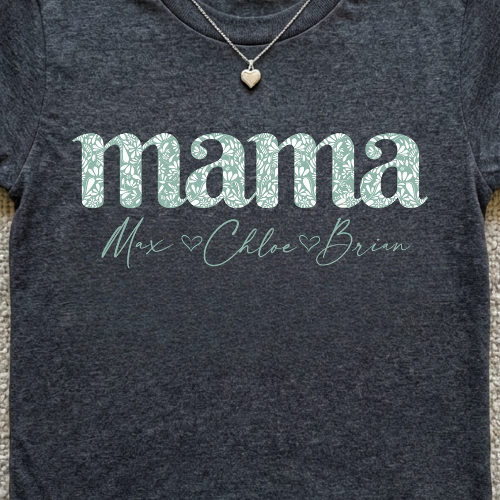Mama Script Floral Tee — "mama" Mint Pattern Mom T-Shirt