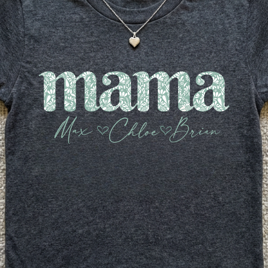 Mama Script Floral Tee — "mama" Mint Pattern Mom T-Shirt