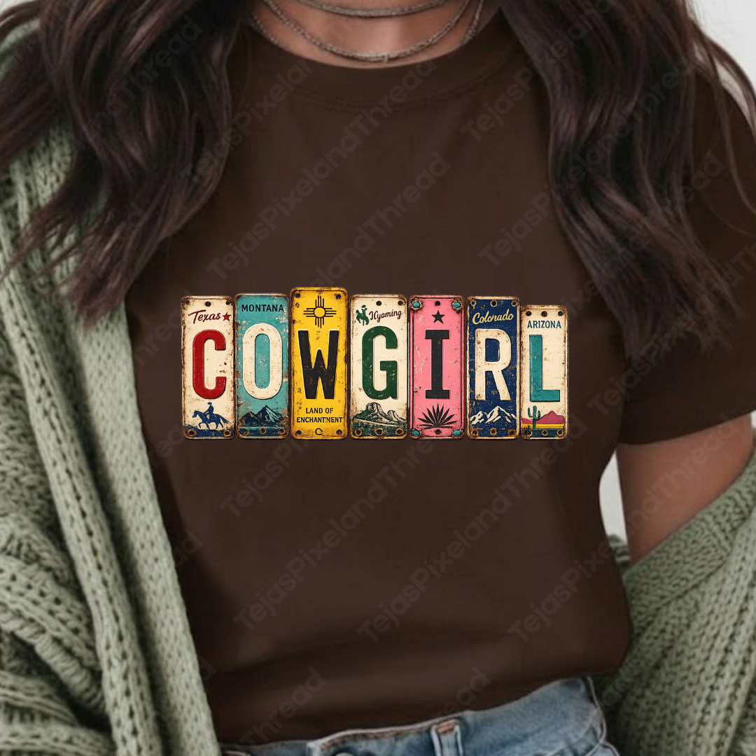 Western Cowgirl License Plate Letter T-Shirt