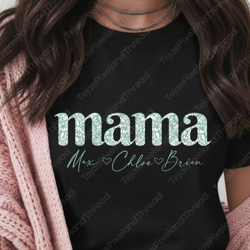 Mama Script Floral Tee — "mama" Mint Pattern Mom T-Shirt