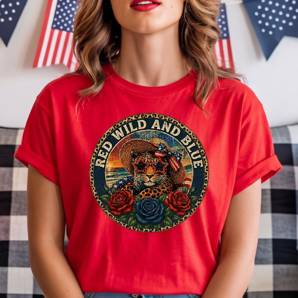 T-Shirt — "Red Wild and Blue" Vintage Leopard Graphic