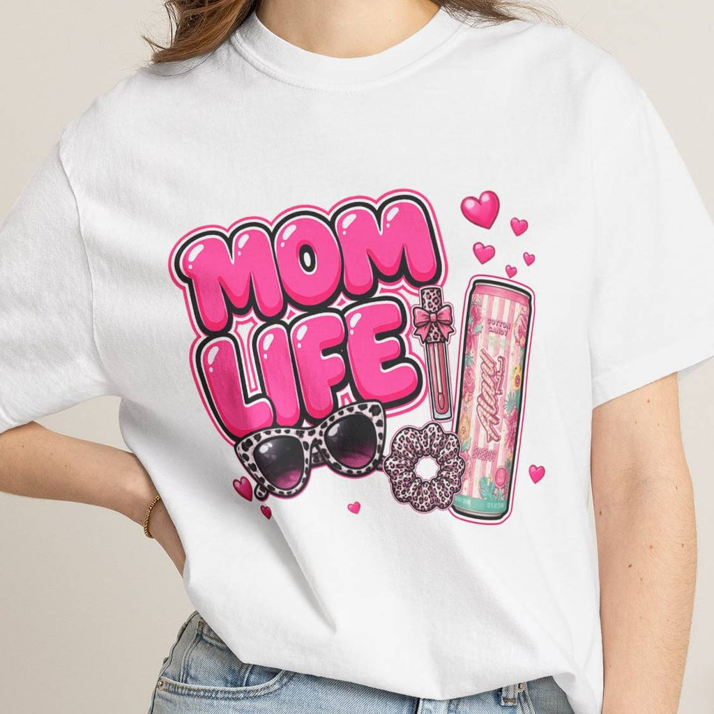 Mom Life Graphic Comfort Colors T-Shirt With Sunglasses and Energy Drink