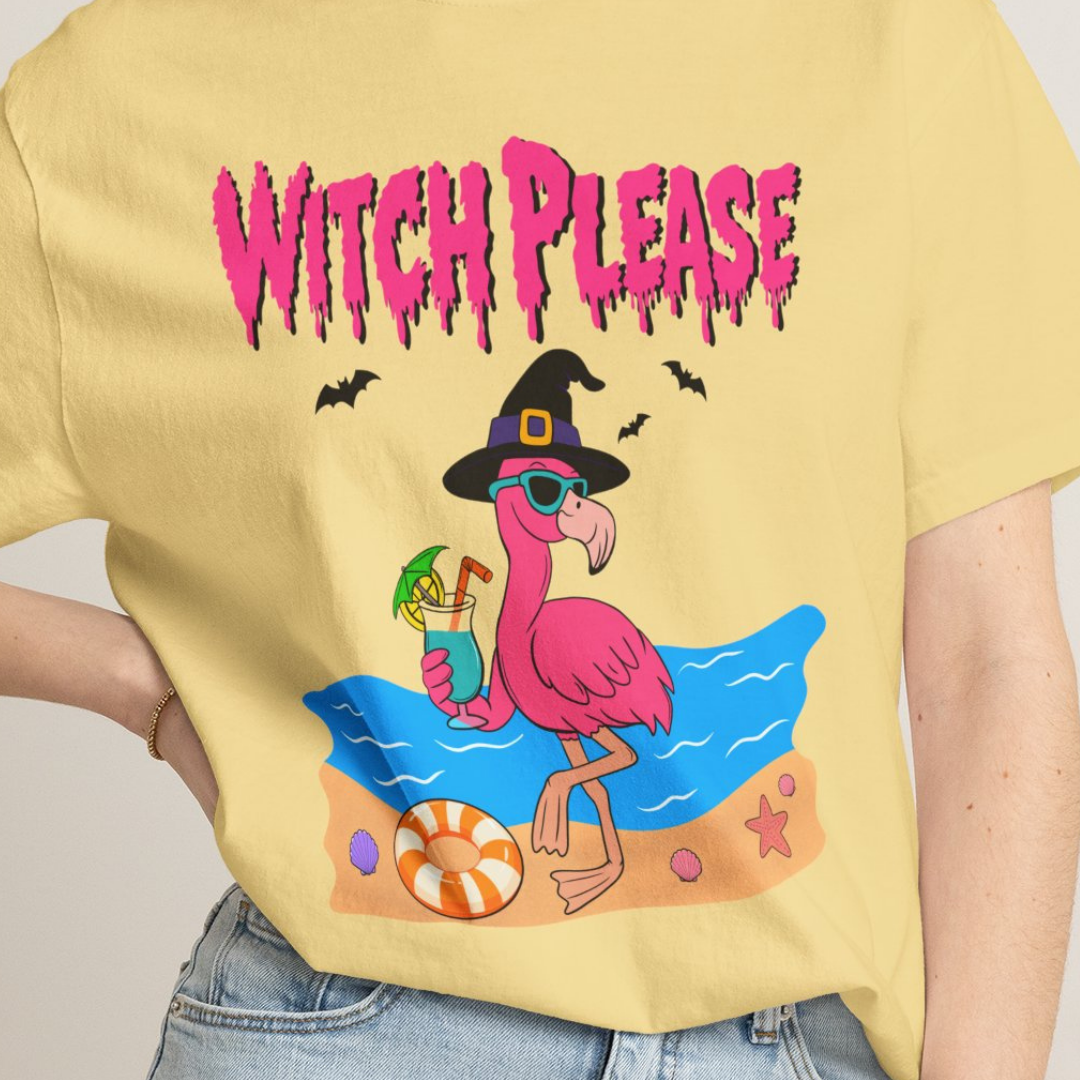 Witch Please Flamingo Halloween Beach Graphic T-Shirt