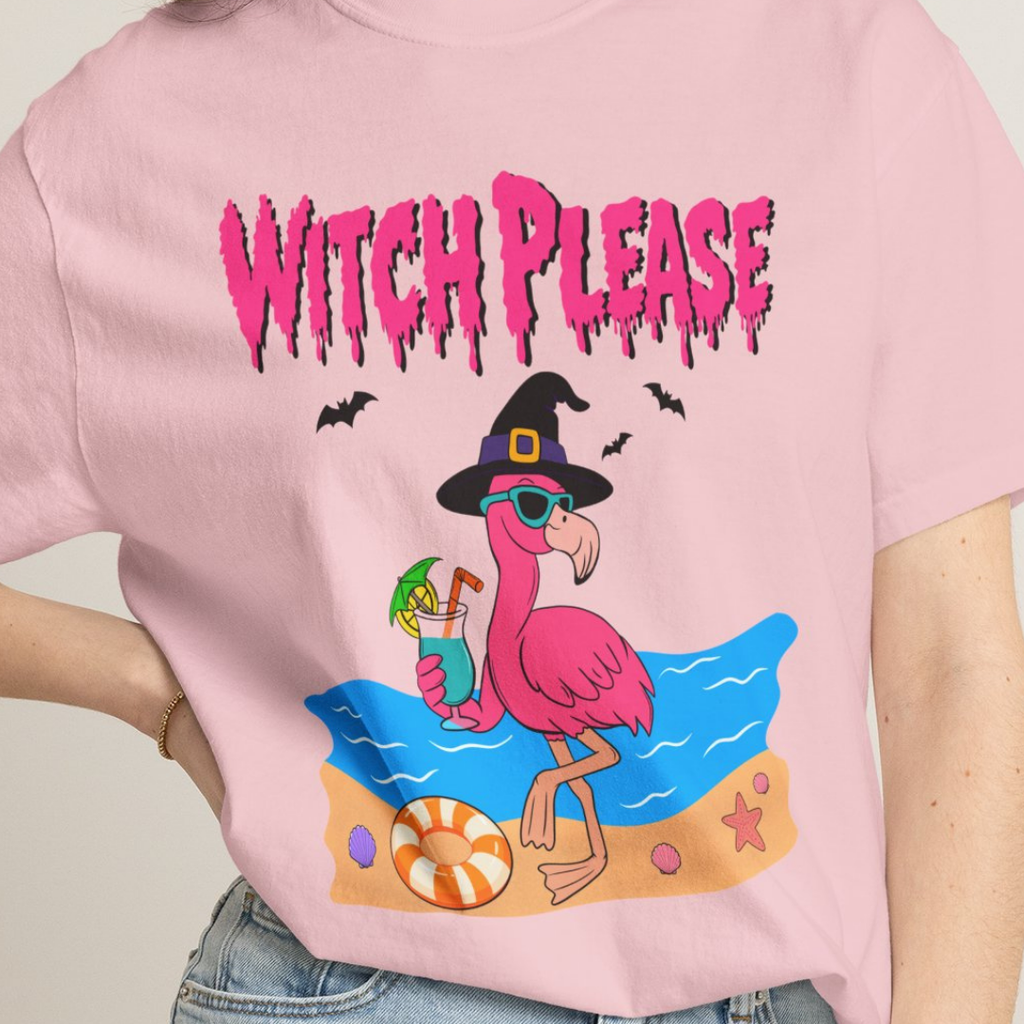 Witch Please Flamingo Halloween Beach Graphic T-Shirt