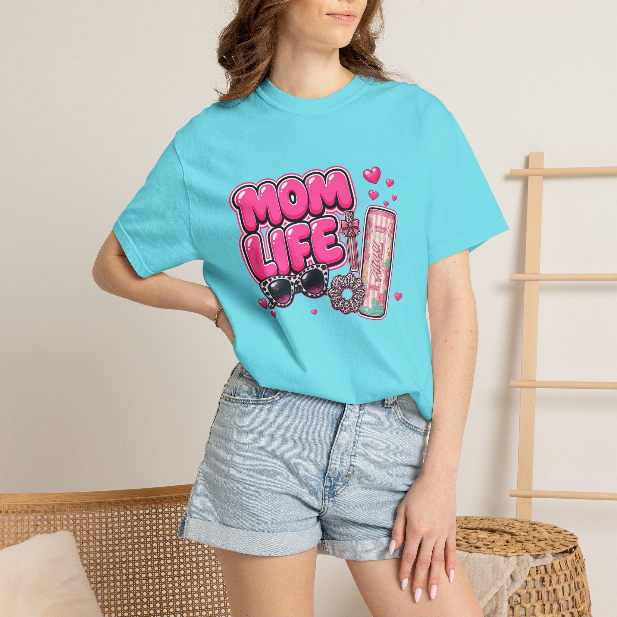 Mom Life Graphic Comfort Colors T-Shirt With Sunglasses and Energy Drink