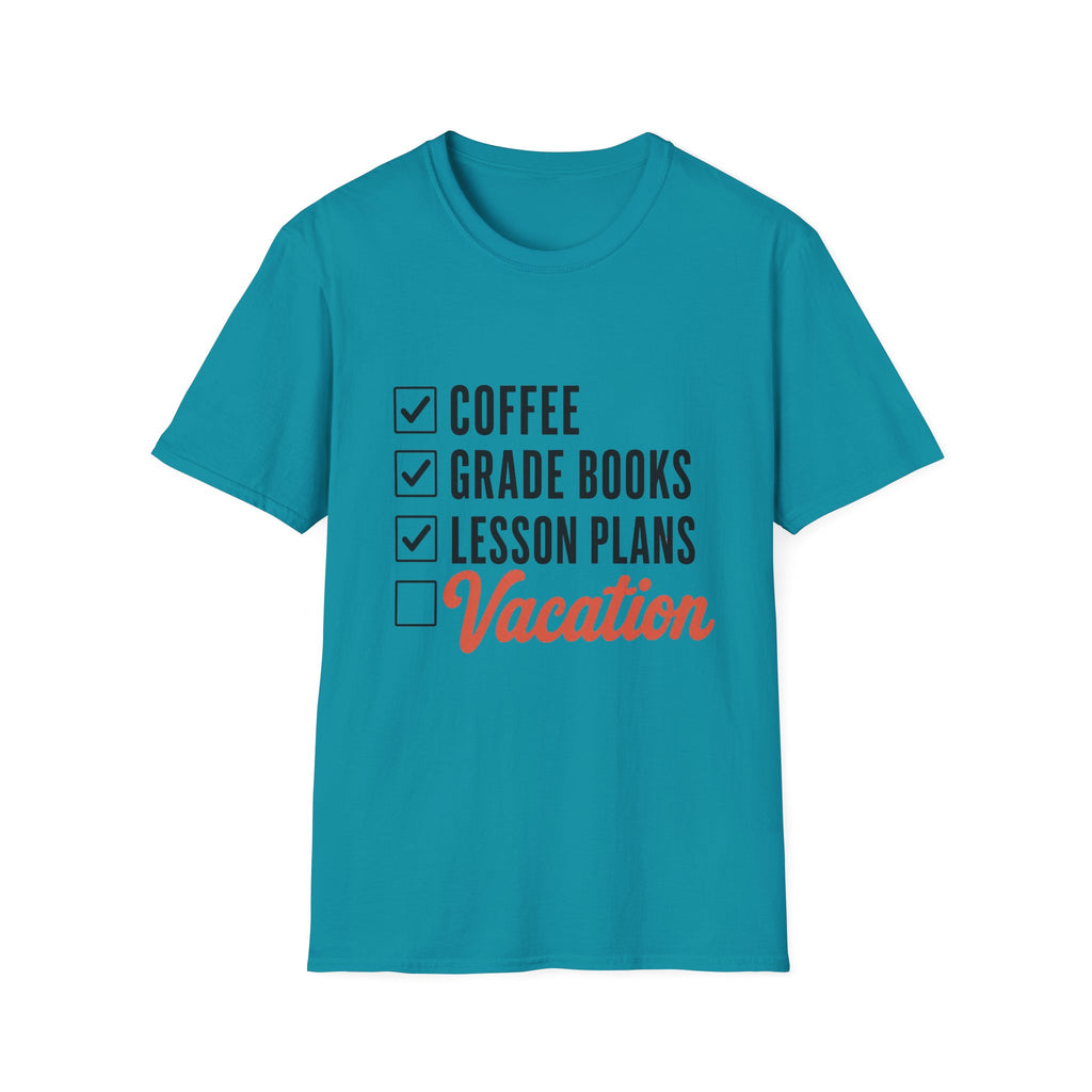 Teacher Checklist T-Shirt — “Coffee, Grade Books, Lesson Plans” Vacation Graphic Tee
