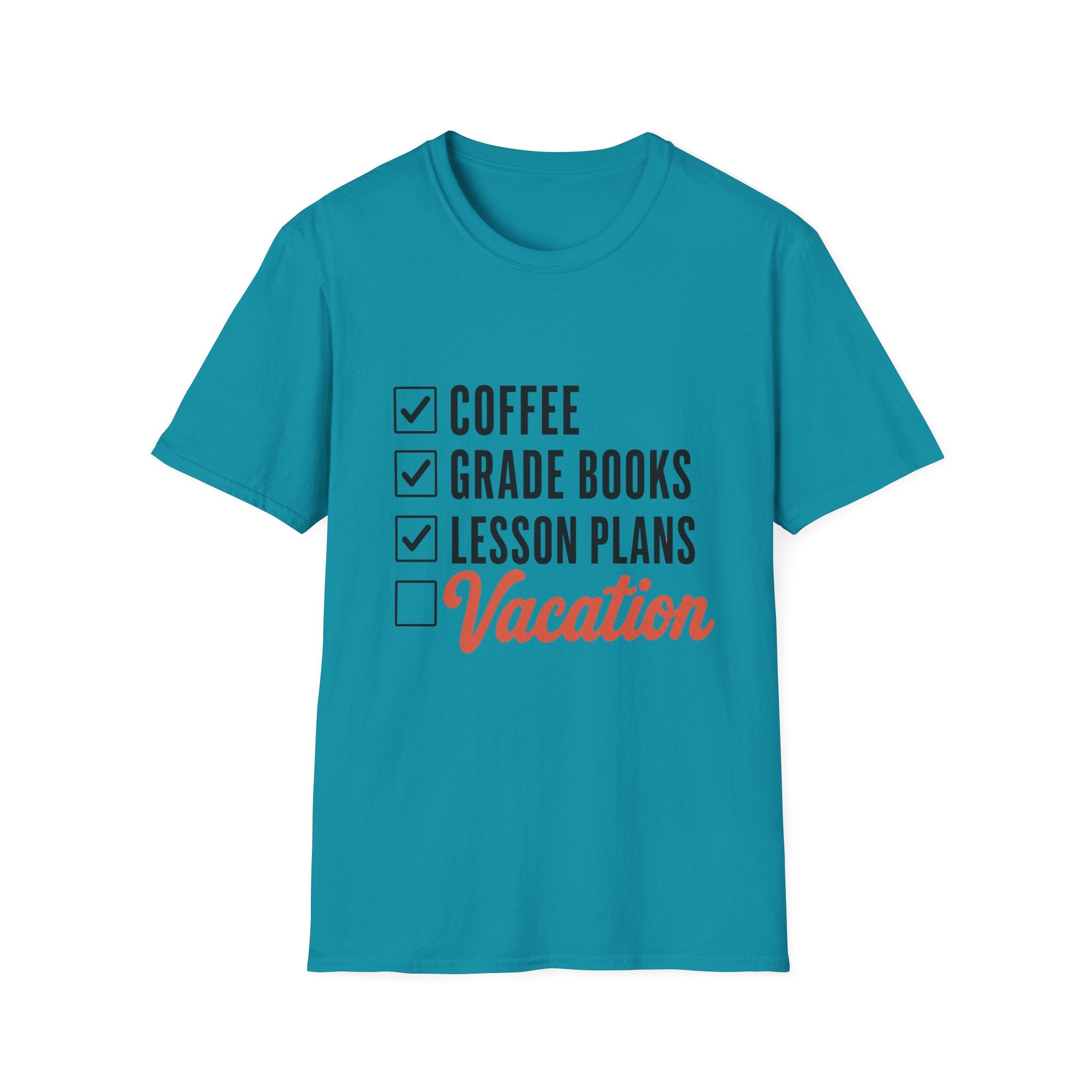 Teacher Checklist T-Shirt — “Coffee, Grade Books, Lesson Plans” Vacation Graphic Tee