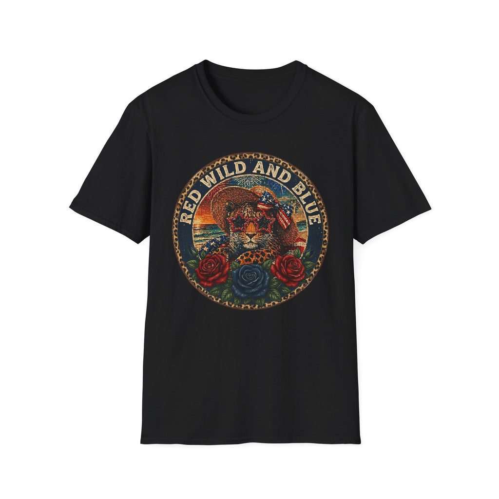 T-Shirt — "Red Wild and Blue" Vintage Leopard Graphic