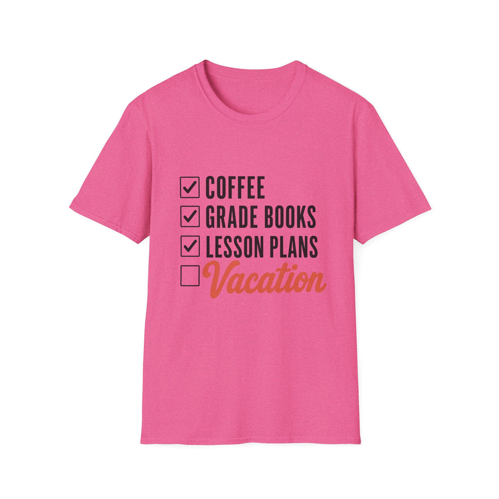 Teacher Checklist T-Shirt — “Coffee, Grade Books, Lesson Plans” Vacation Graphic Tee