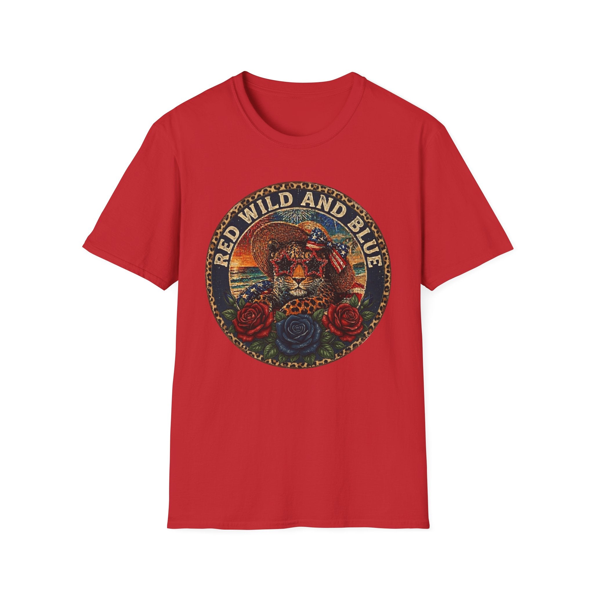 T-Shirt — "Red Wild and Blue" Vintage Leopard Graphic