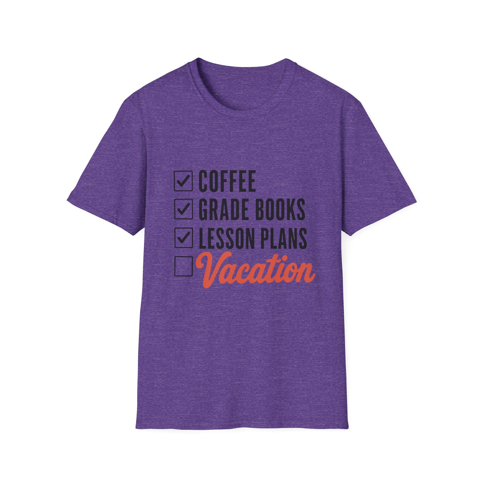 Teacher Checklist T-Shirt — “Coffee, Grade Books, Lesson Plans” Vacation Graphic Tee