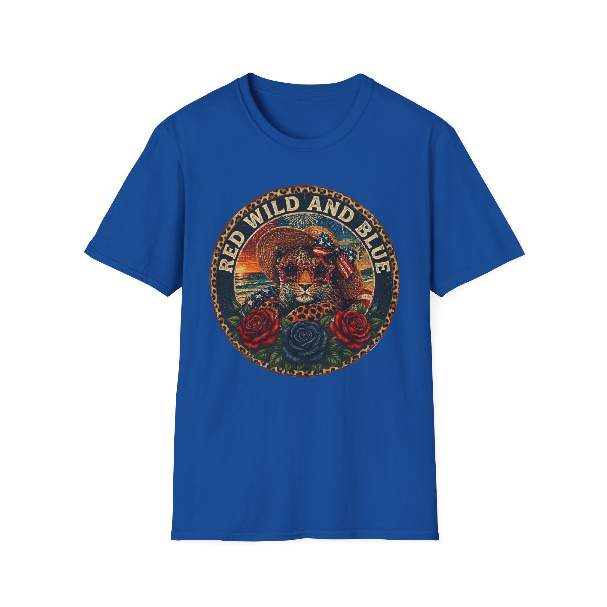 T-Shirt — "Red Wild and Blue" Vintage Leopard Graphic