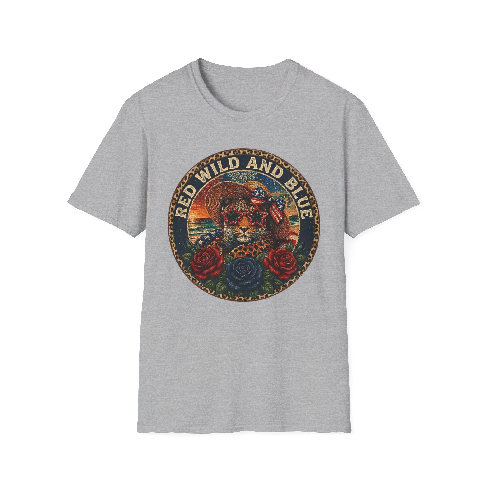 T-Shirt — "Red Wild and Blue" Vintage Leopard Graphic