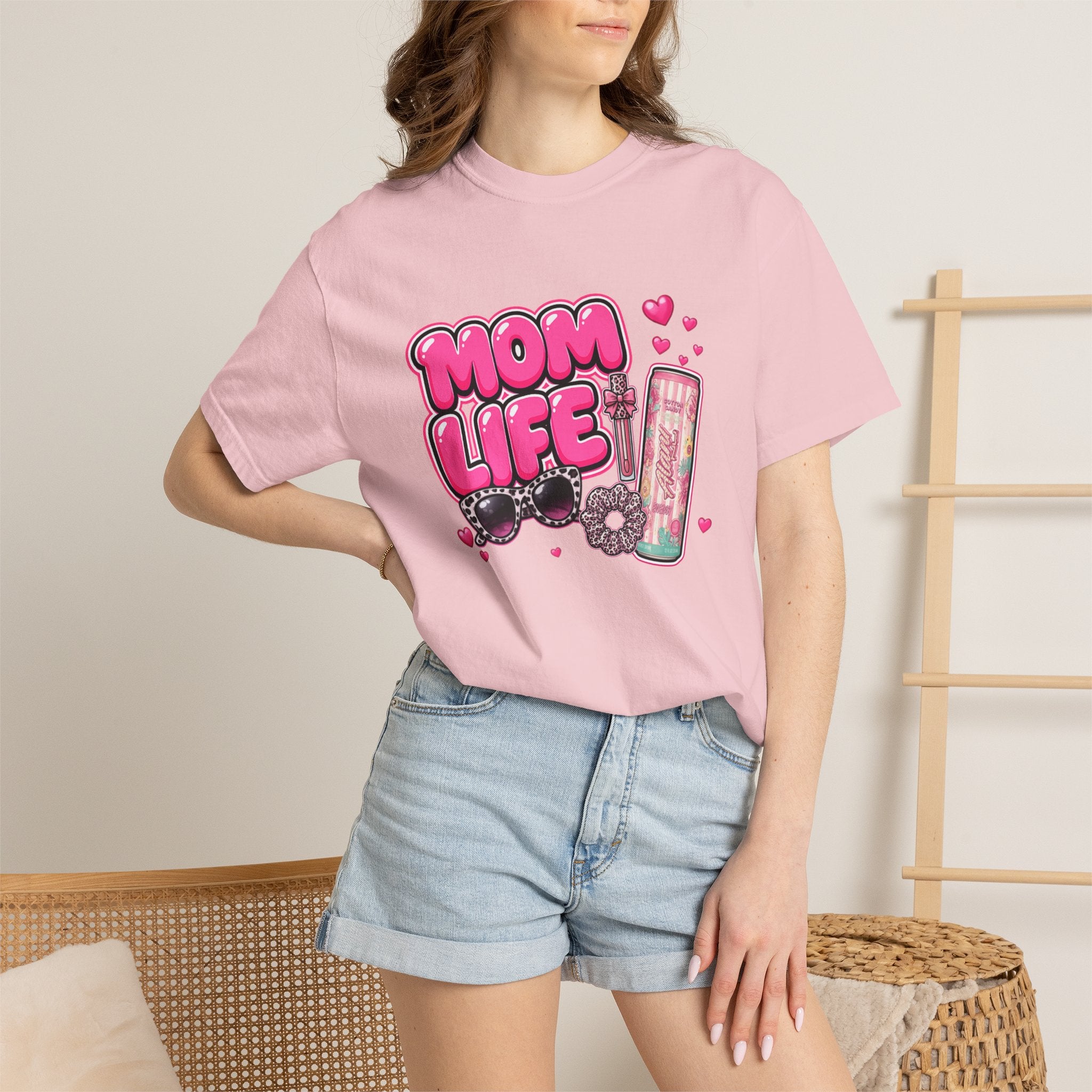 Mom Life Graphic Comfort Colors T-Shirt With Sunglasses and Energy Drink