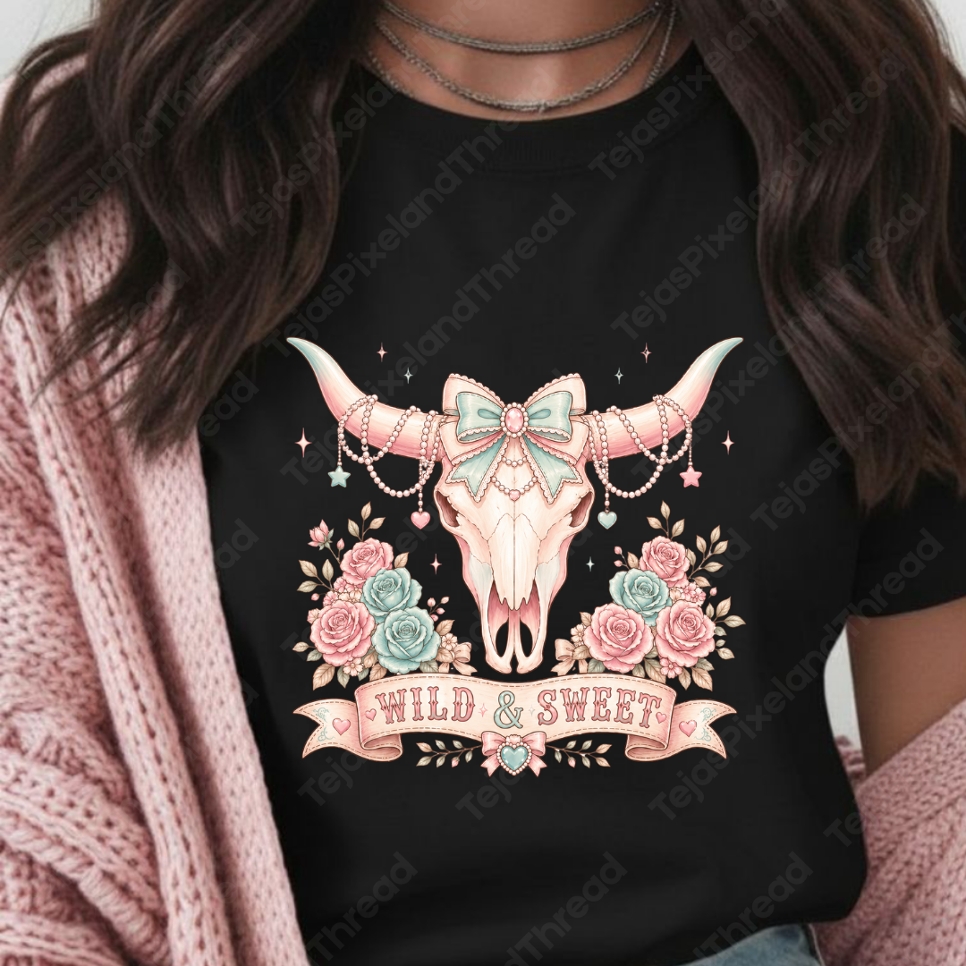 Cute Coquette Wild and Sweet Longhorn Skull PNG