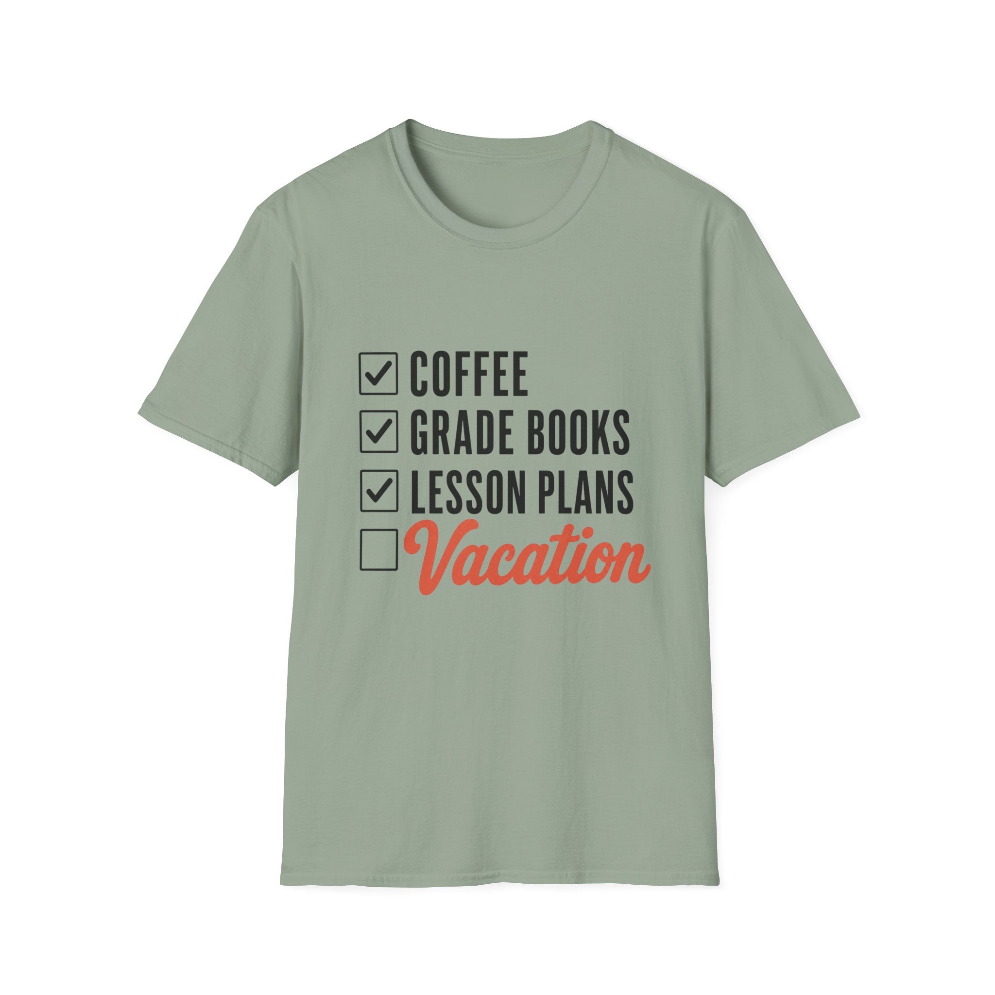 Teacher Checklist T-Shirt — “Coffee, Grade Books, Lesson Plans” Vacation Graphic Tee