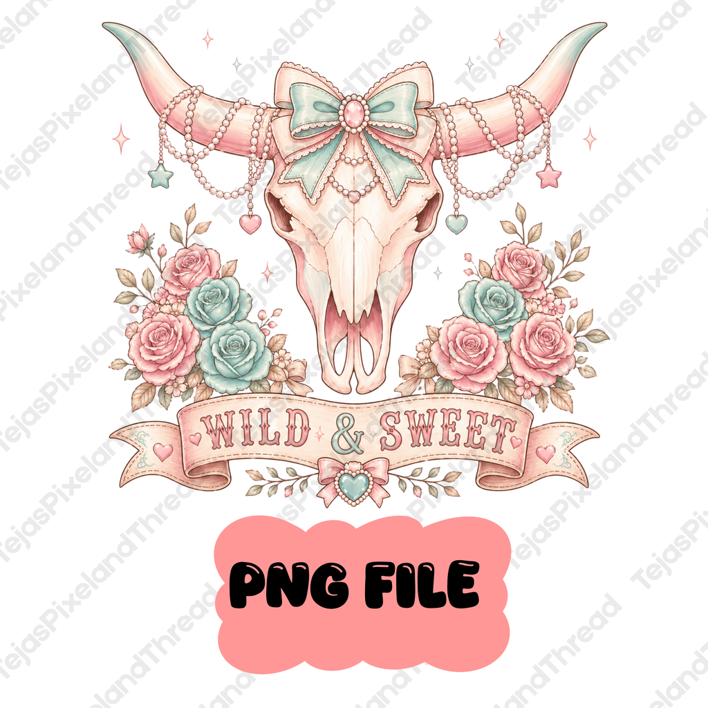 Cute Coquette Wild and Sweet Longhorn Skull PNG